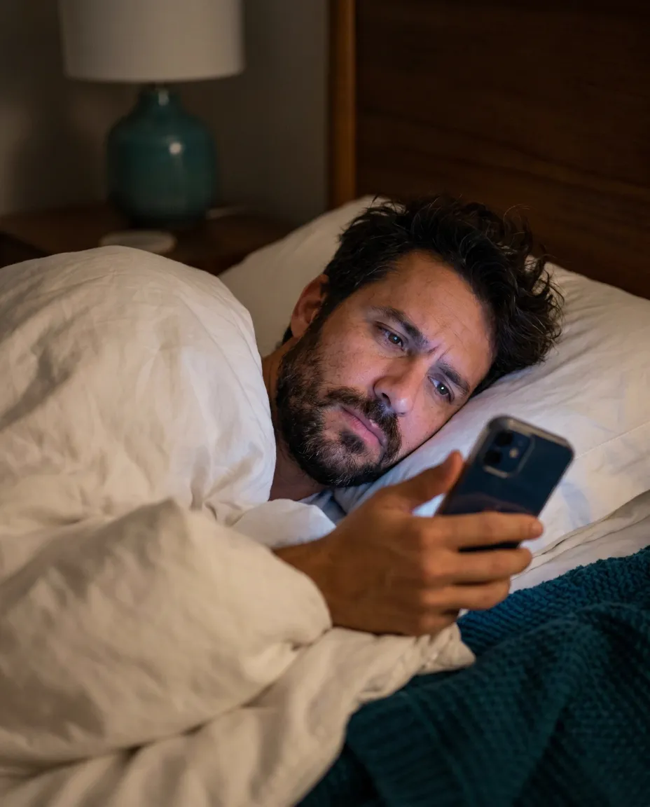 Homem à noite olhando o celular esperando resposta