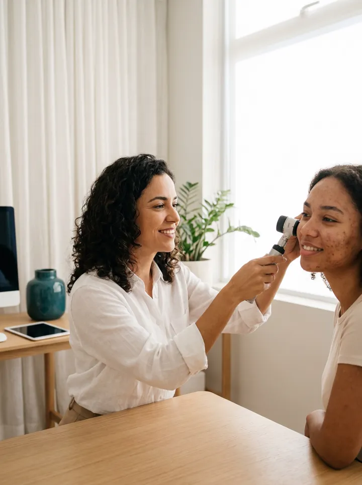 Dermatologista examinando paciente