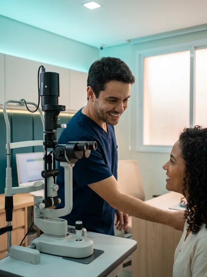 Oftalmologista examinando olhos