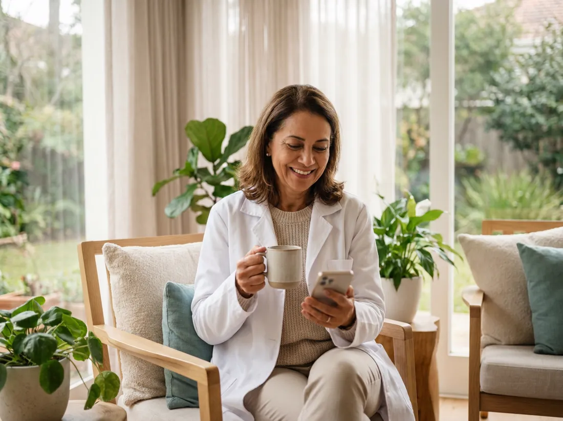 Médica tranquila tomando café na clínica
